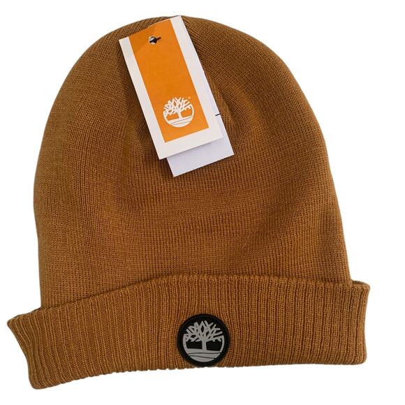 Timberland Men's Cuffed Rubber Logo Beanie Winter Solid Wheat Brown Brand New - Picture 1 of 9